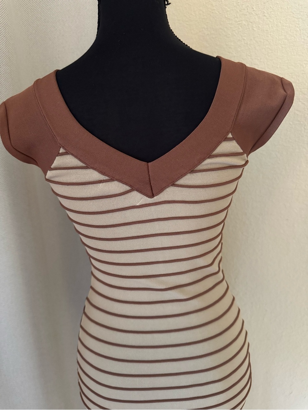 WOW Couture Brown Cream Striped Bodycon Knit Mini Dress S - Picture 7 of 10